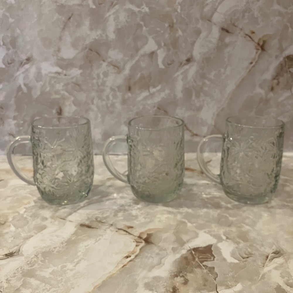 Vintage Princess House Clear Glass Embossed Floral Mugs Set of 3